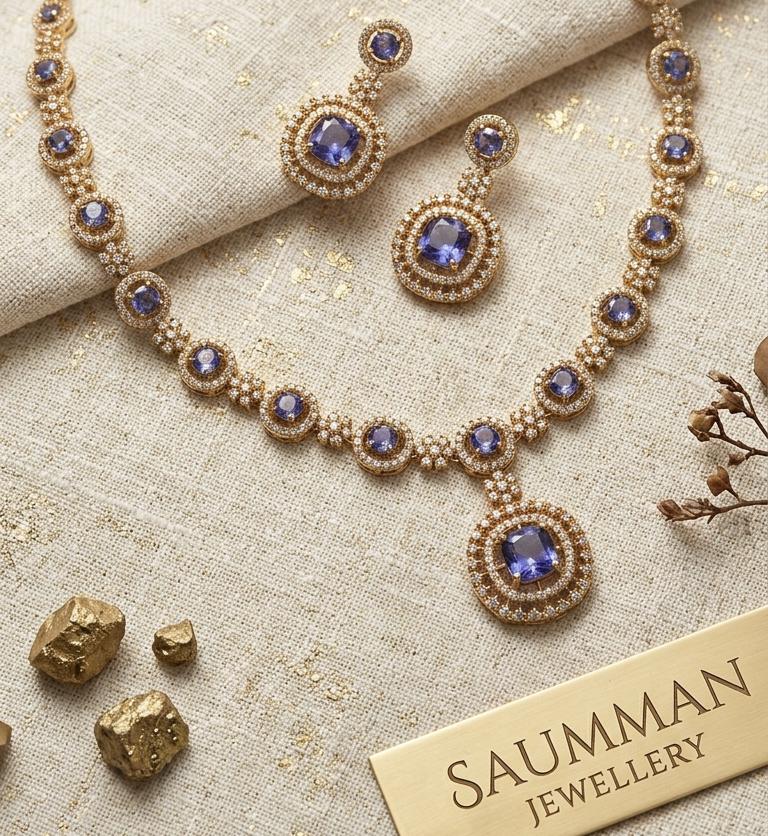 Deep Purple AD Stone Necklace Earrings Set, Gold Plated Royal Wedding Choker