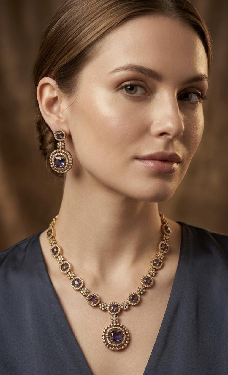 Deep Purple AD Stone Necklace Earrings Set, Gold Plated Royal Wedding Choker