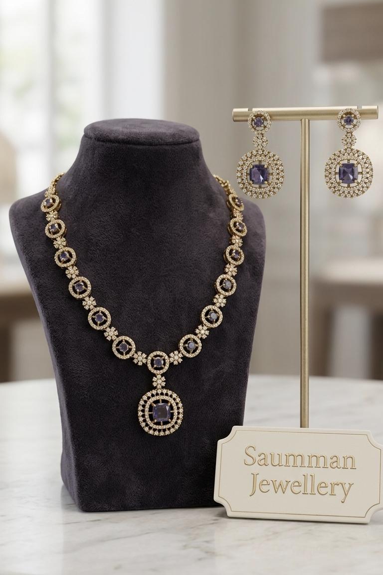 Deep Purple AD Stone Necklace Earrings Set, Gold Plated Royal Wedding Choker