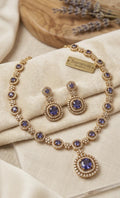 Deep Purple AD Stone Necklace Earrings Set, Gold Plated Royal Wedding Choker
