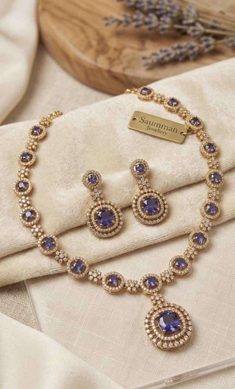 Deep Purple AD Stone Necklace Earrings Set, Gold Plated Royal Wedding Choker