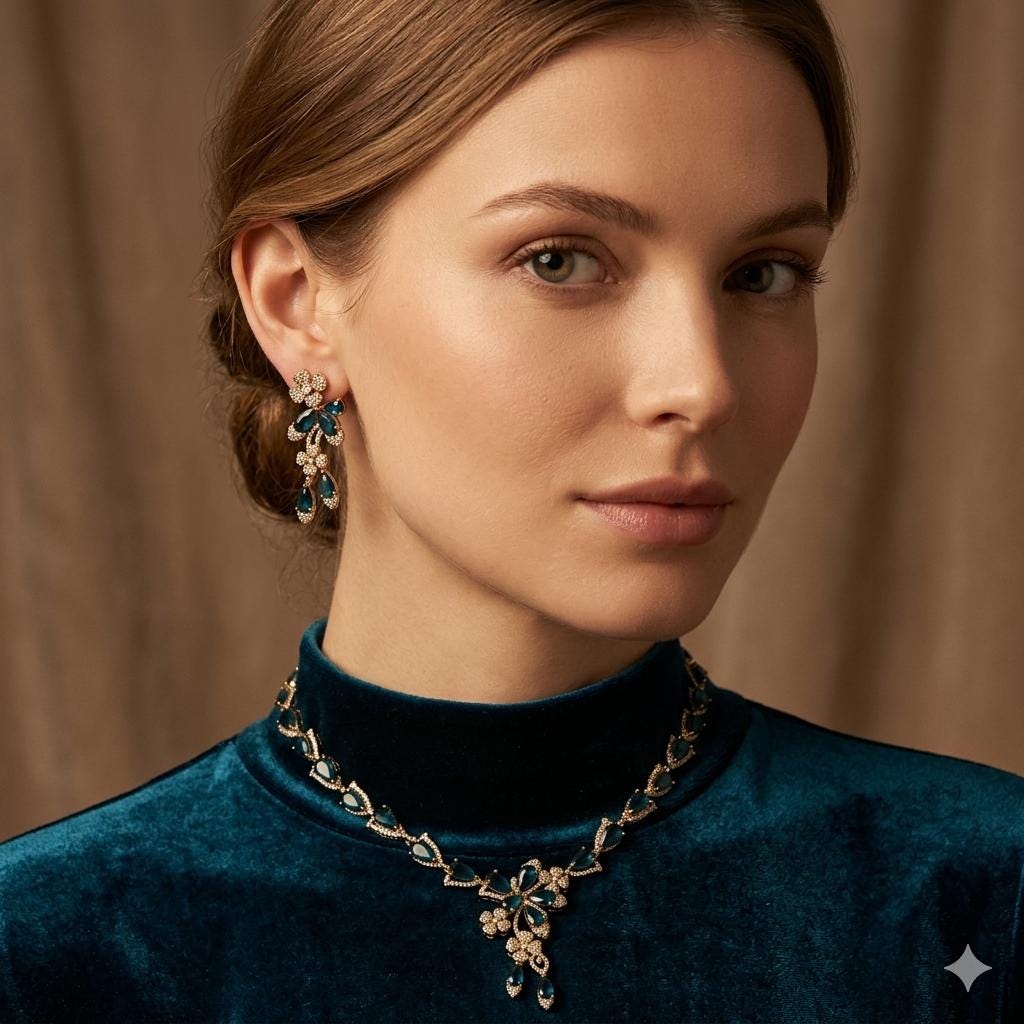 Saumman Jewellery Gold Plated Navy Blue Teardrop Necklace and Earrings Set