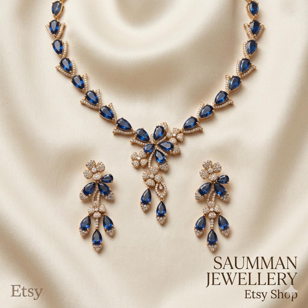 Saumman Jewellery Gold Plated Navy Blue Teardrop Necklace and Earrings Set