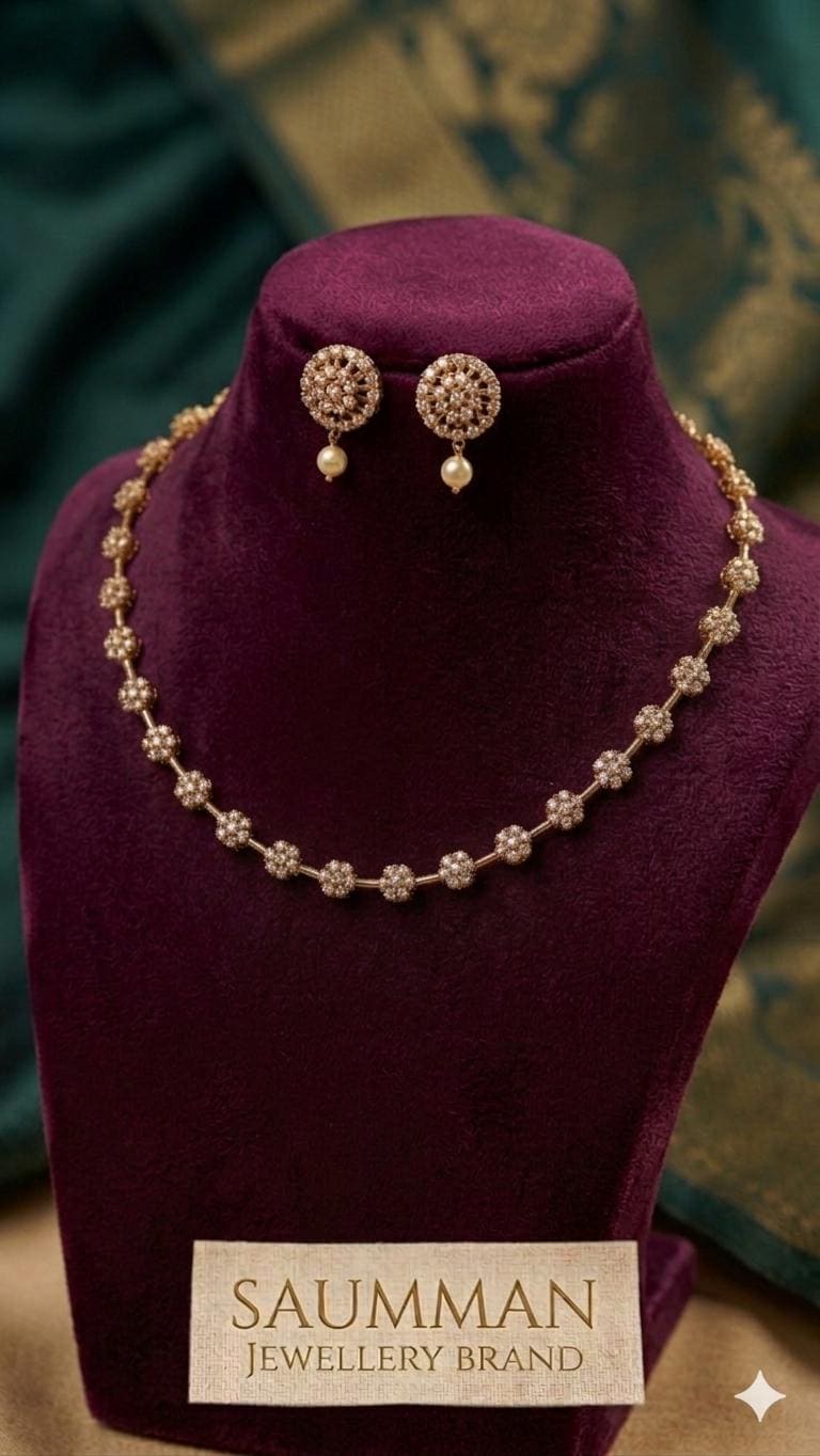 Floral Starburst Choker Necklace and Earrings Set, Gold Plated CZ Bridal Jewelry