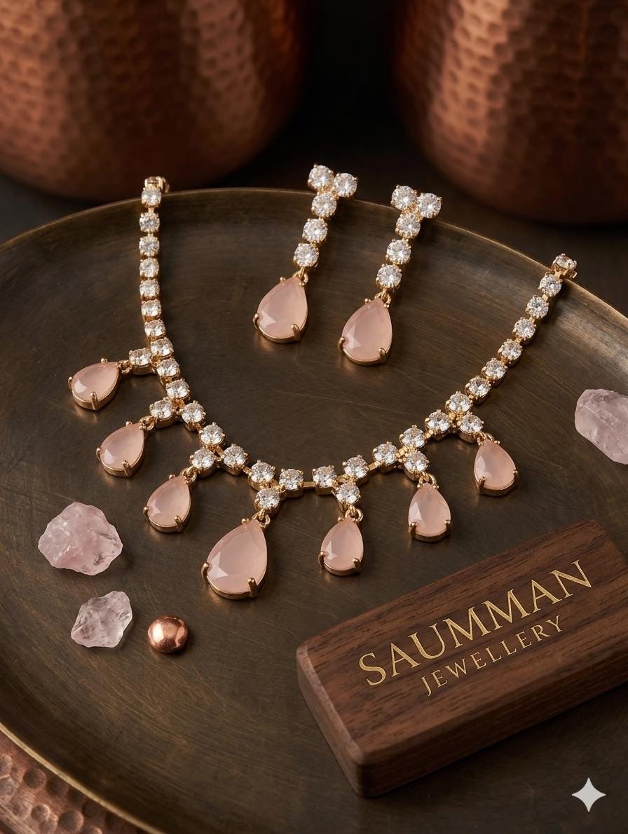 Rose Pink Teardrop Necklace Earring Set, Gold Bridal Jewelry, Wedding Statement Set