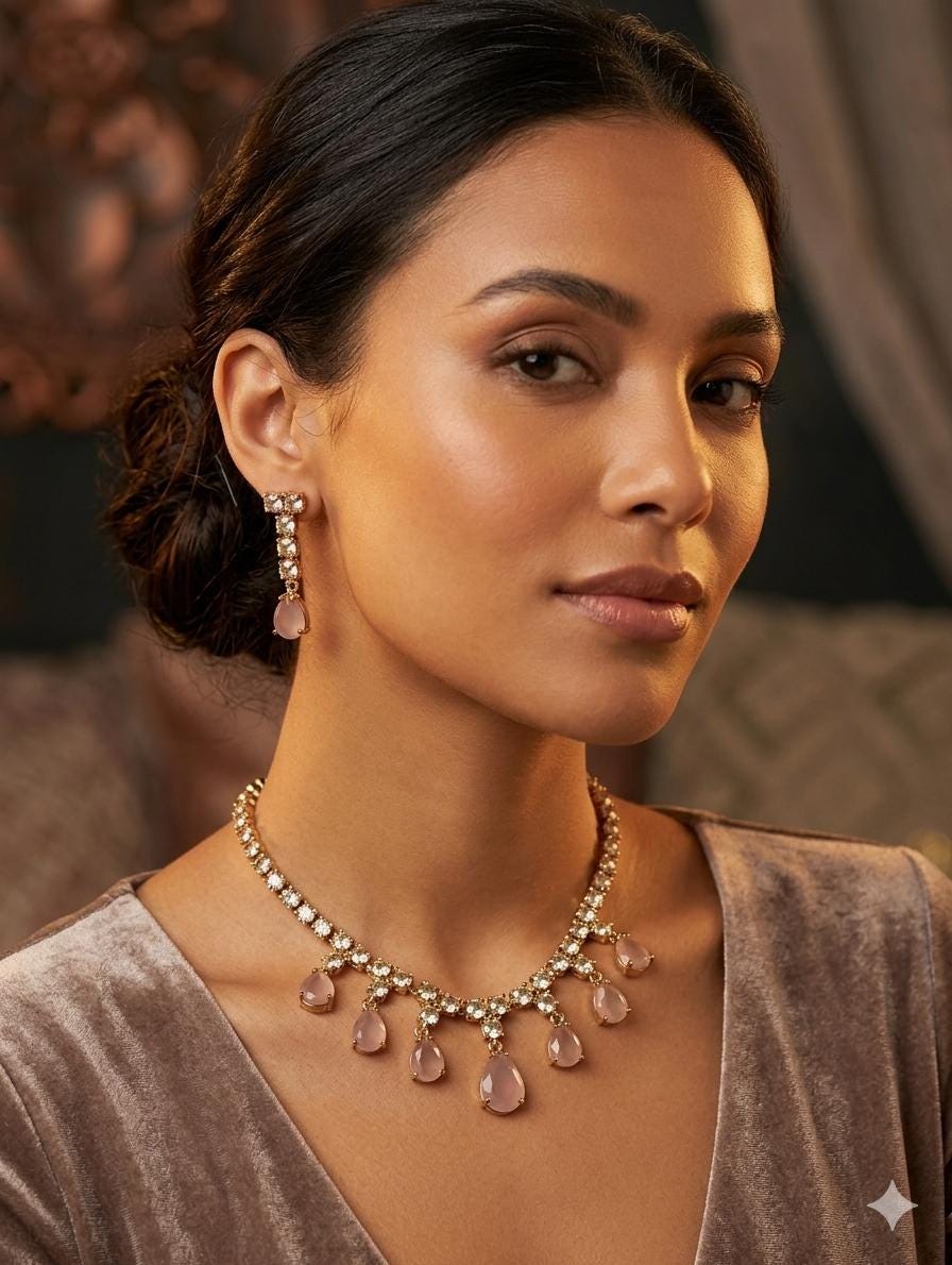 Rose Pink Teardrop Necklace Earring Set, Gold Bridal Jewelry, Wedding Statement Set