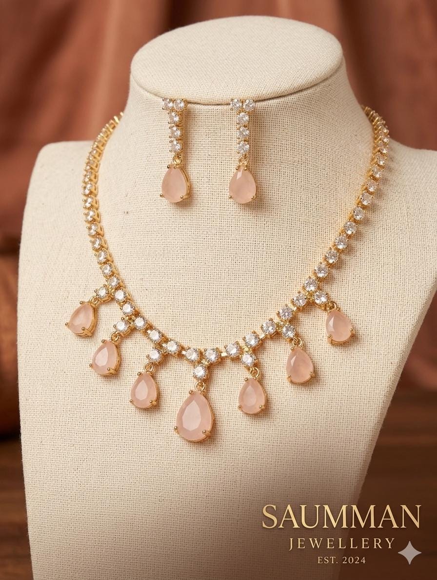 Rose Pink Teardrop Necklace Earring Set, Gold Bridal Jewelry, Wedding Statement Set