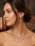 Rose Pink Teardrop Necklace Earring Set, Gold Bridal Jewelry, Wedding Statement Set