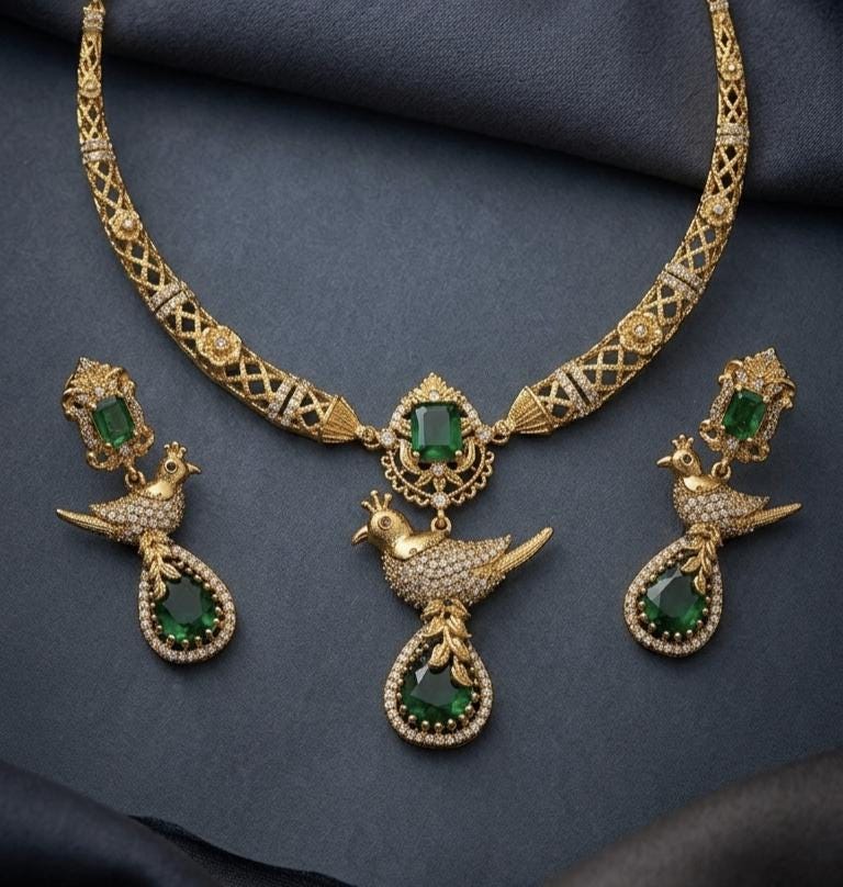 Emerald Bird Hasli Necklace Set, Gold Plated Brass Choker with Earrings