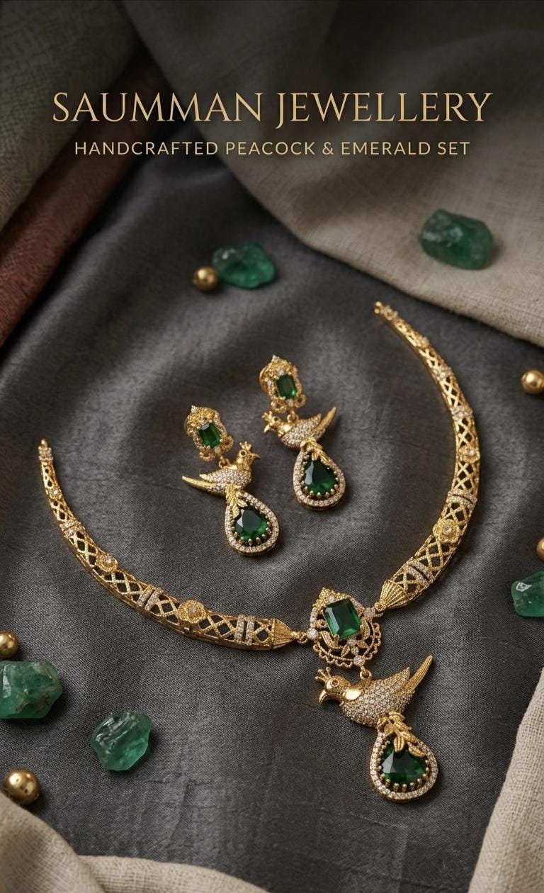 Emerald Bird Hasli Necklace Set, Gold Plated Brass Choker with Earrings