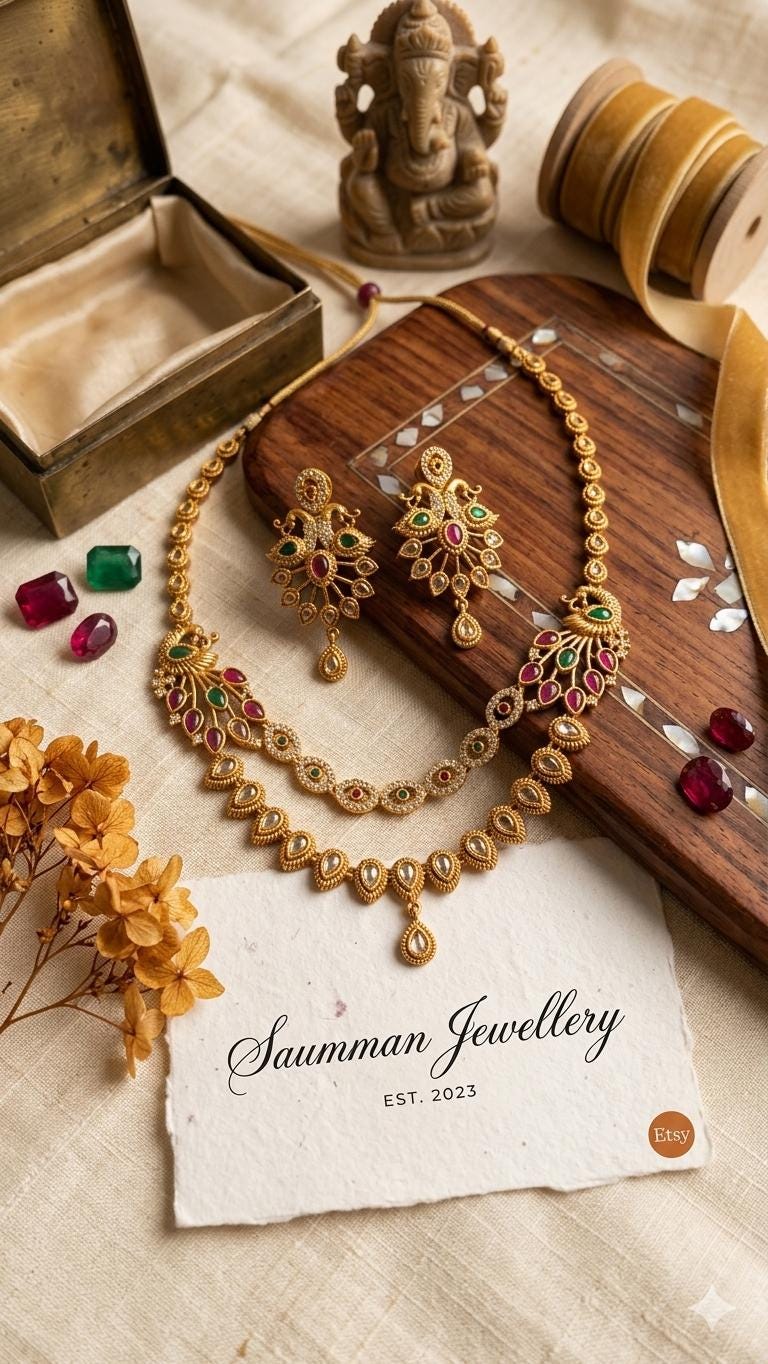 Indian Peacock Necklace Set, Gold Plated Temple Jewelry, Ruby Emerald Choker
