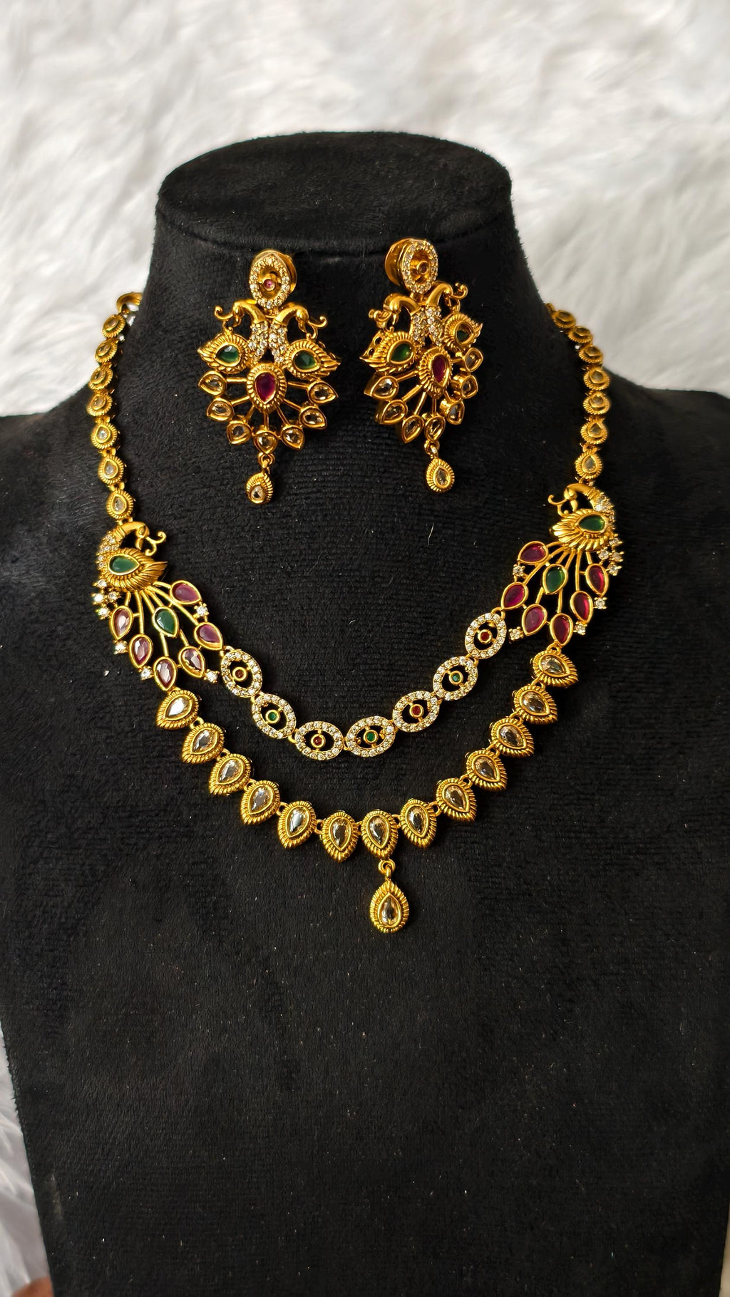 Indian Peacock Necklace Set, Gold Plated Temple Jewelry, Ruby Emerald Choker