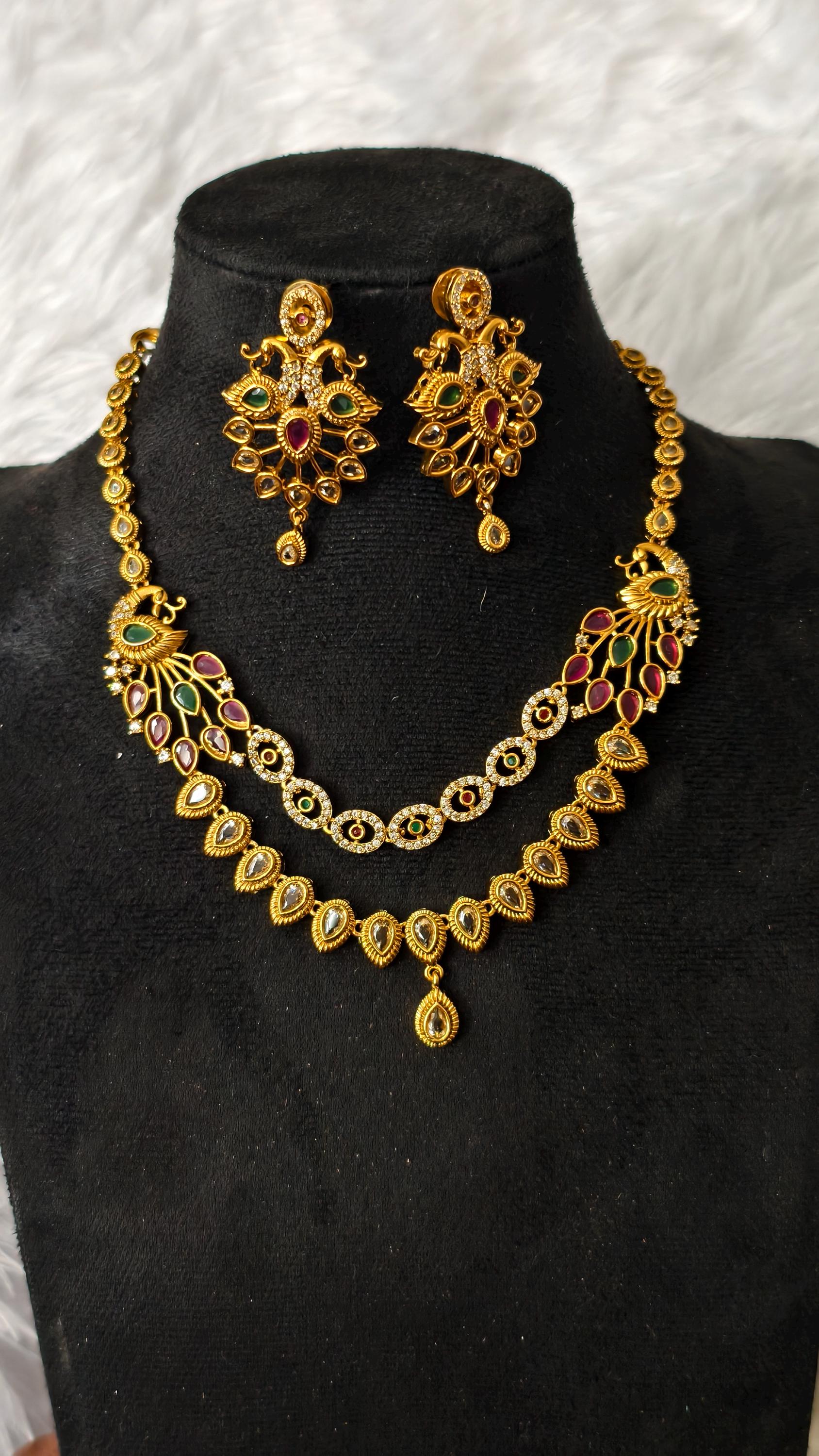 Indian Peacock Necklace Set, Gold Plated Temple Jewelry, Ruby Emerald Choker