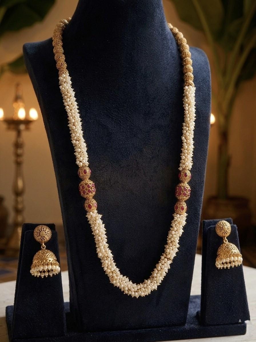 Antique Gold Jhumka Set | South Indian Pearl Mala Necklace