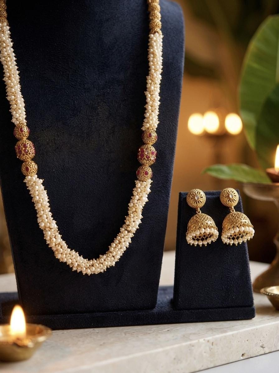 Antique Gold Jhumka Set | South Indian Pearl Mala Necklace