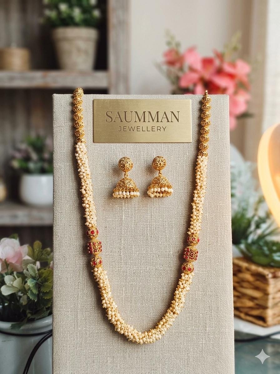 Antique Gold Jhumka Set | South Indian Pearl Mala Necklace