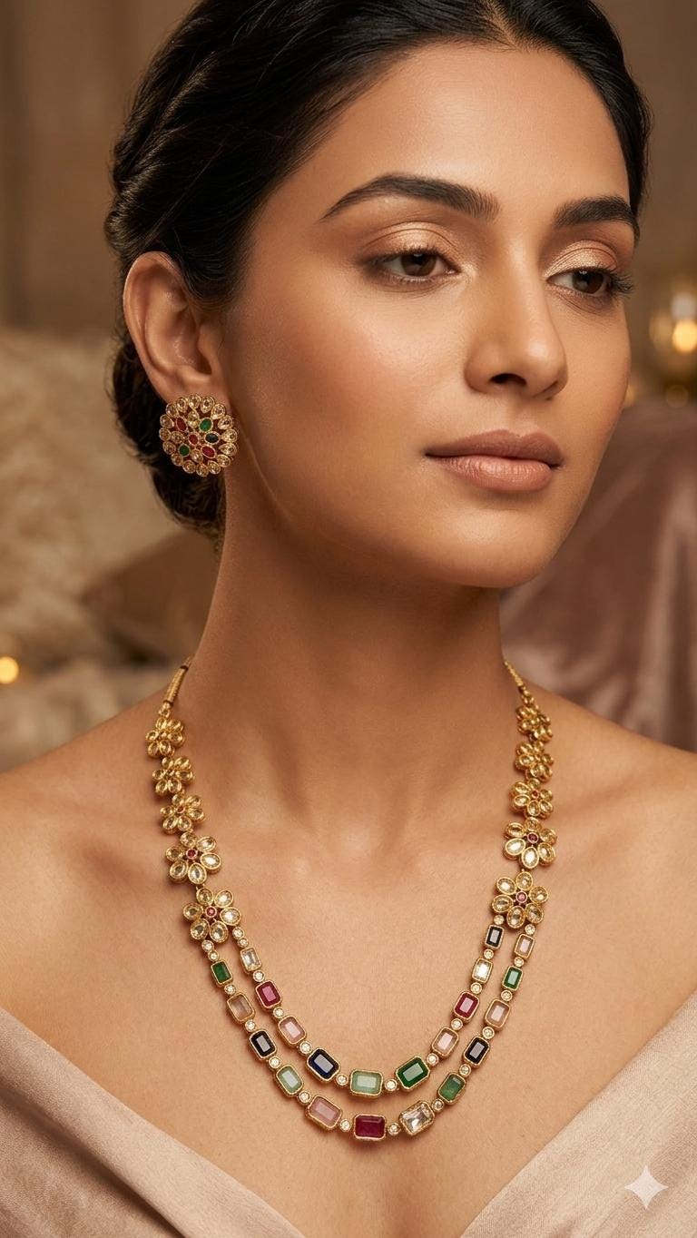 Navratna Style Layered Necklace Set with Flower Studs, Gold Plated Kundan Jewelry