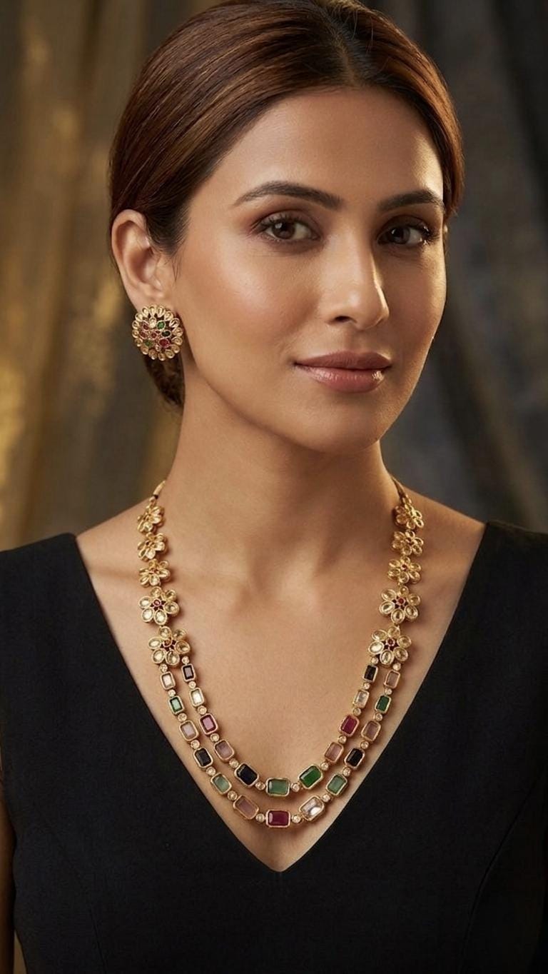 Navratna Style Layered Necklace Set with Flower Studs, Gold Plated Kundan Jewelry