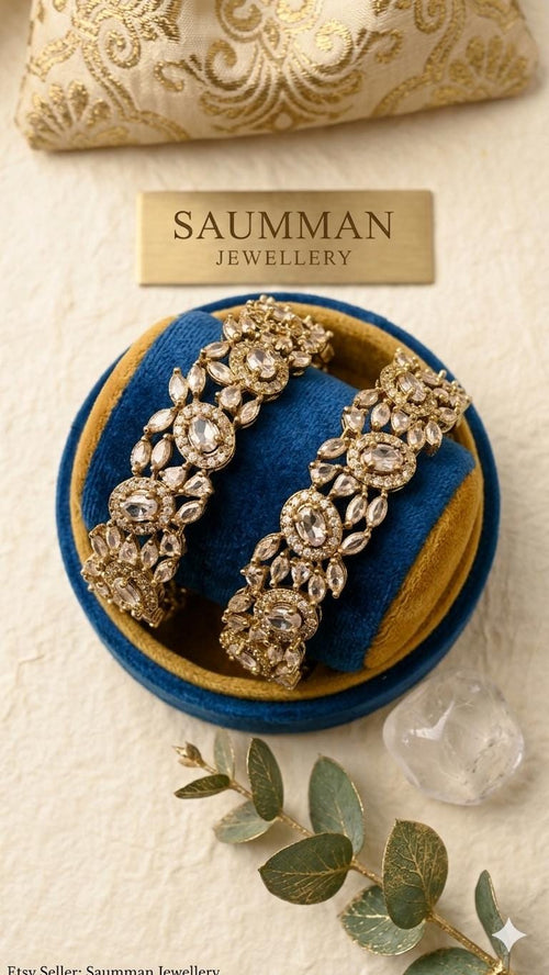 Antique Gold Floral Cluster Bangles, Indian Polki Wedding Kada Set
