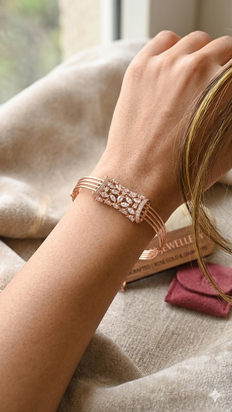 Rose Gold Multi-Wire Cuff Bracelet with Marquise Crystals  Bridal Wedding Jewelry Bangle