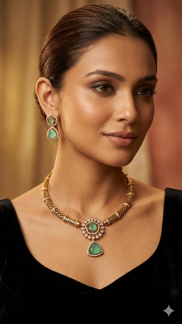 Gold Plated Hasli Necklace Set, Emerald Green Stones, Traditional Indian Choker Jewelry