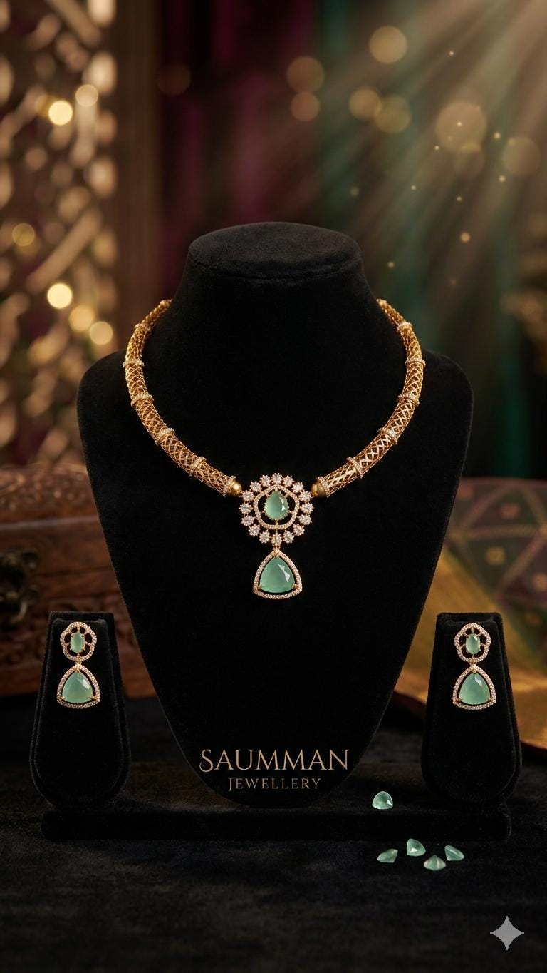 Gold Plated Hasli Necklace Set, Emerald Green Stones, Traditional Indian Choker Jewelry