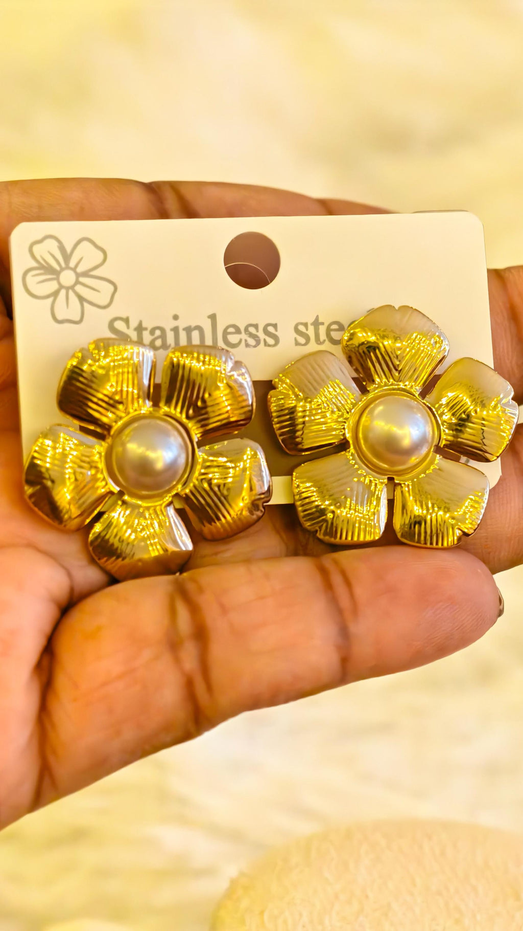 Gold Flower Pearl Earrings Set, Textured Stainless Steel Statement Hoops