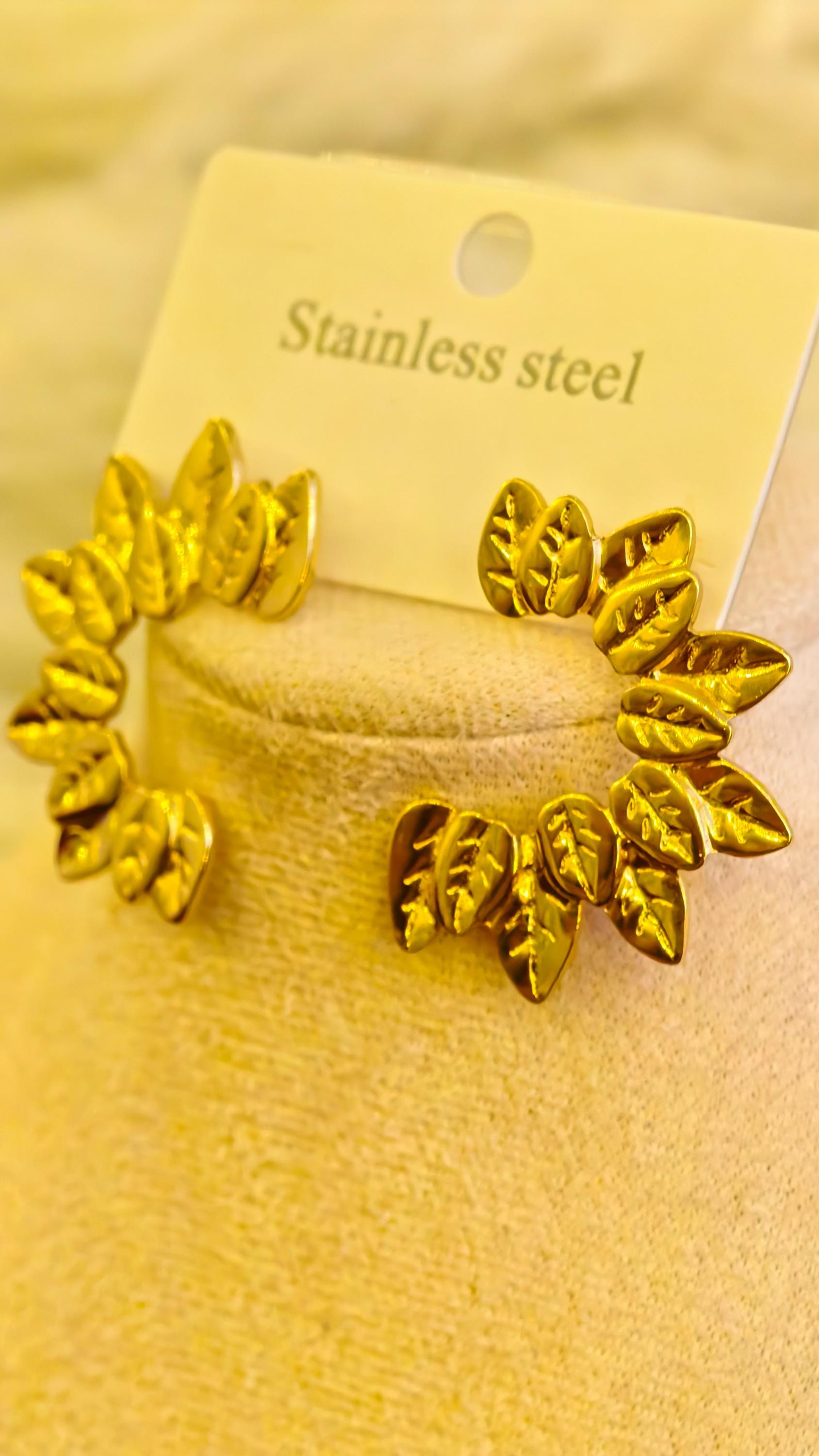 Gold Flower Pearl Earrings Set, Textured Stainless Steel Statement Hoops