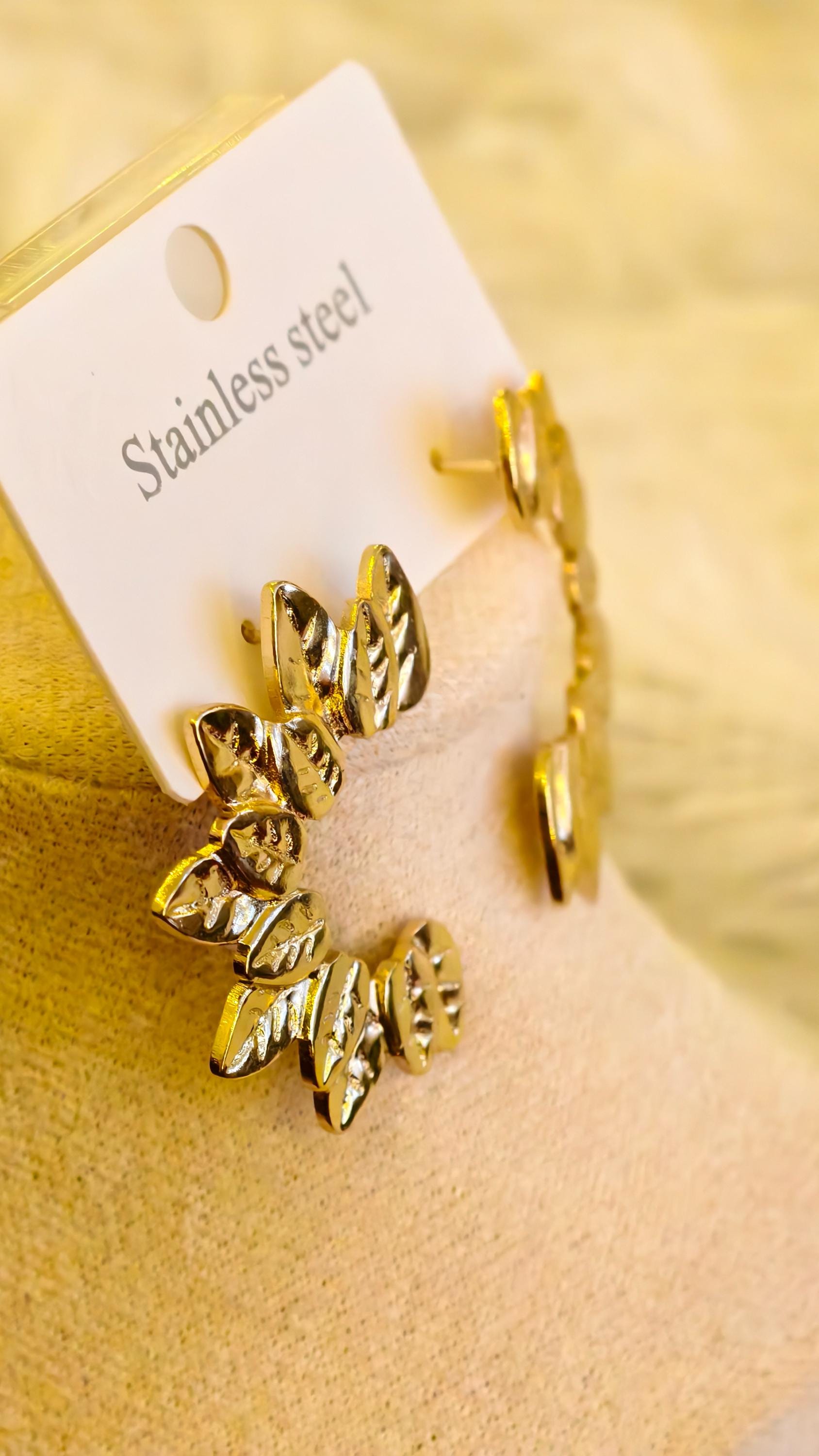 Gold Flower Pearl Earrings Set, Textured Stainless Steel Statement Hoops