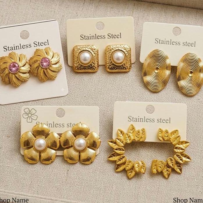 Gold Flower Pearl Earrings Set, Textured Stainless Steel Statement Hoops