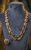 Navratna Style Layered Necklace Set with Flower Studs, Gold Plated Kundan Jewelry