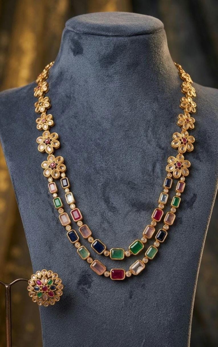 Navratna Style Layered Necklace Set with Flower Studs, Gold Plated Kundan Jewelry
