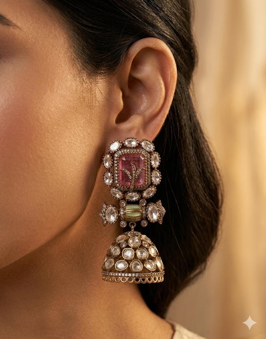 Moissanite Polki Jhumkas, Pink Emerald Stone Earrings, Kundan Meenakari Jewelry