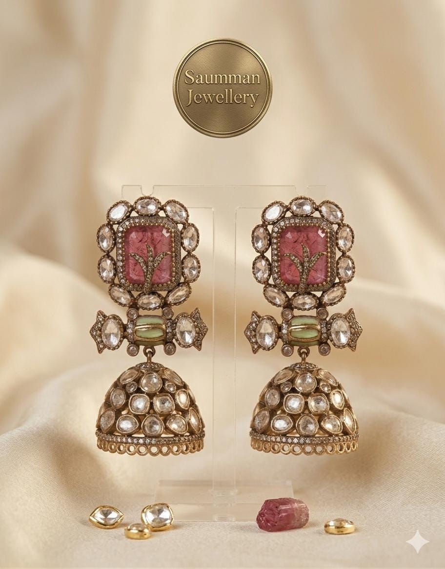 Moissanite Polki Jhumkas, Pink Emerald Stone Earrings, Kundan Meenakari Jewelry