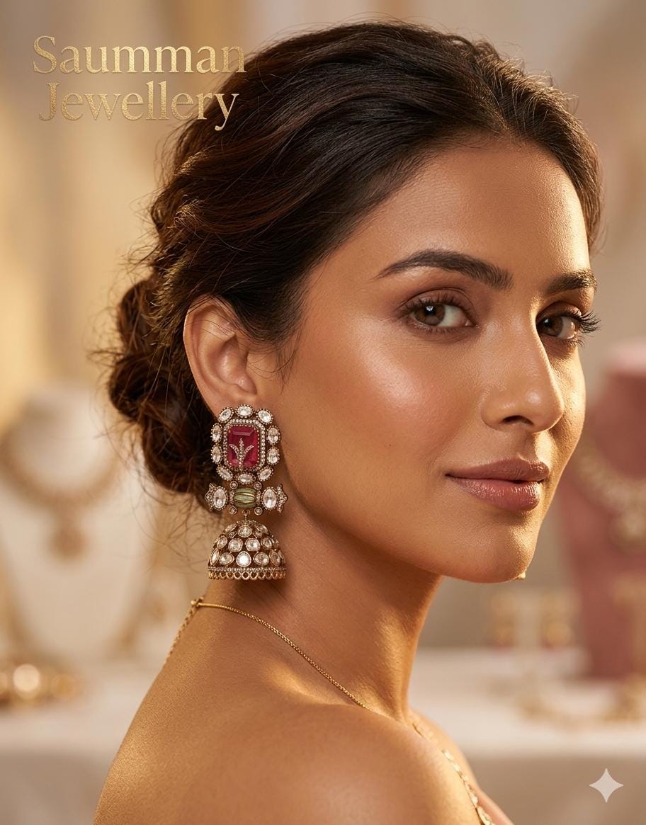 Moissanite Polki Jhumkas, Pink Emerald Stone Earrings, Kundan Meenakari Jewelry
