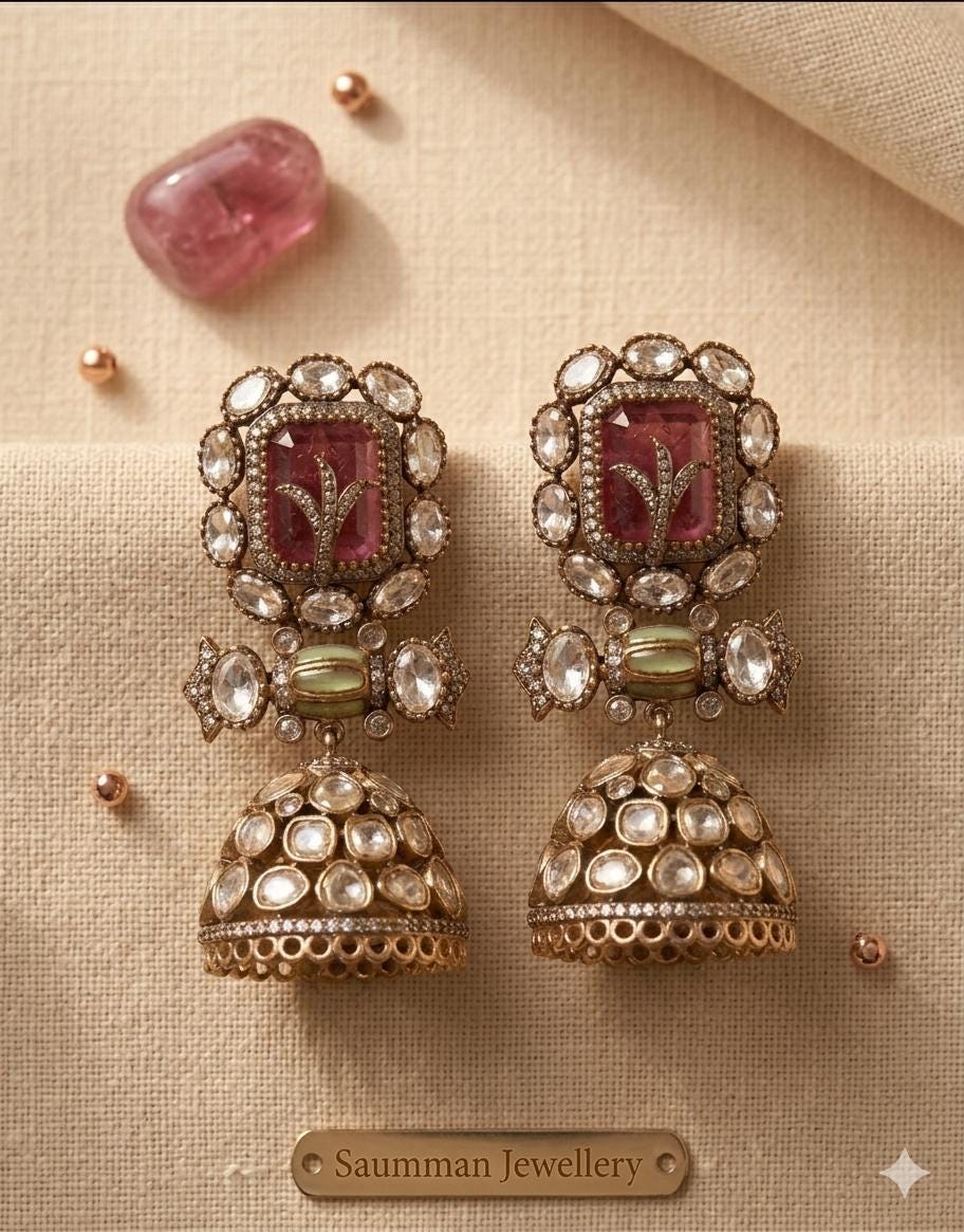 Moissanite Polki Jhumkas, Pink Emerald Stone Earrings, Kundan Meenakari Jewelry