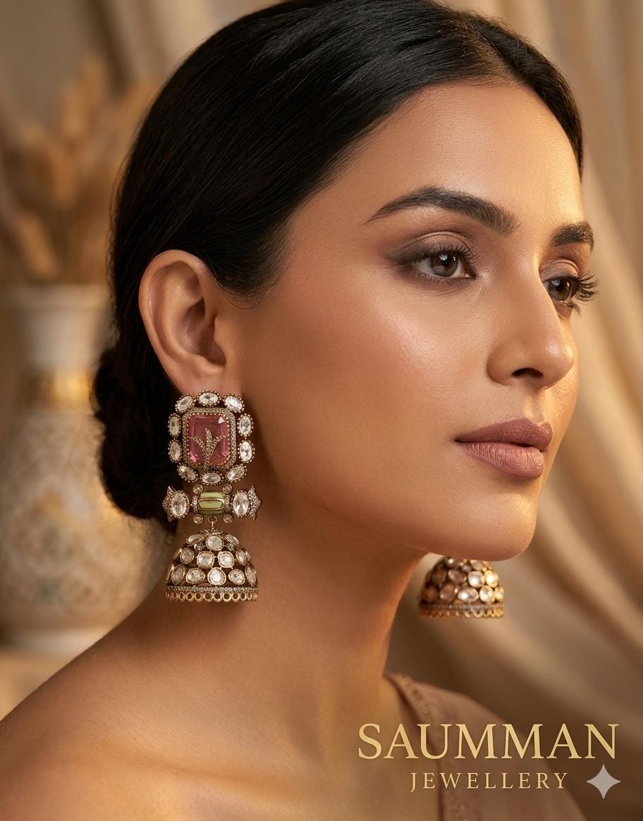 Moissanite Polki Jhumkas, Pink Emerald Stone Earrings, Kundan Meenakari Jewelry