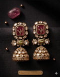 Moissanite Polki Jhumkas, Pink Emerald Stone Earrings, Kundan Meenakari Jewelry