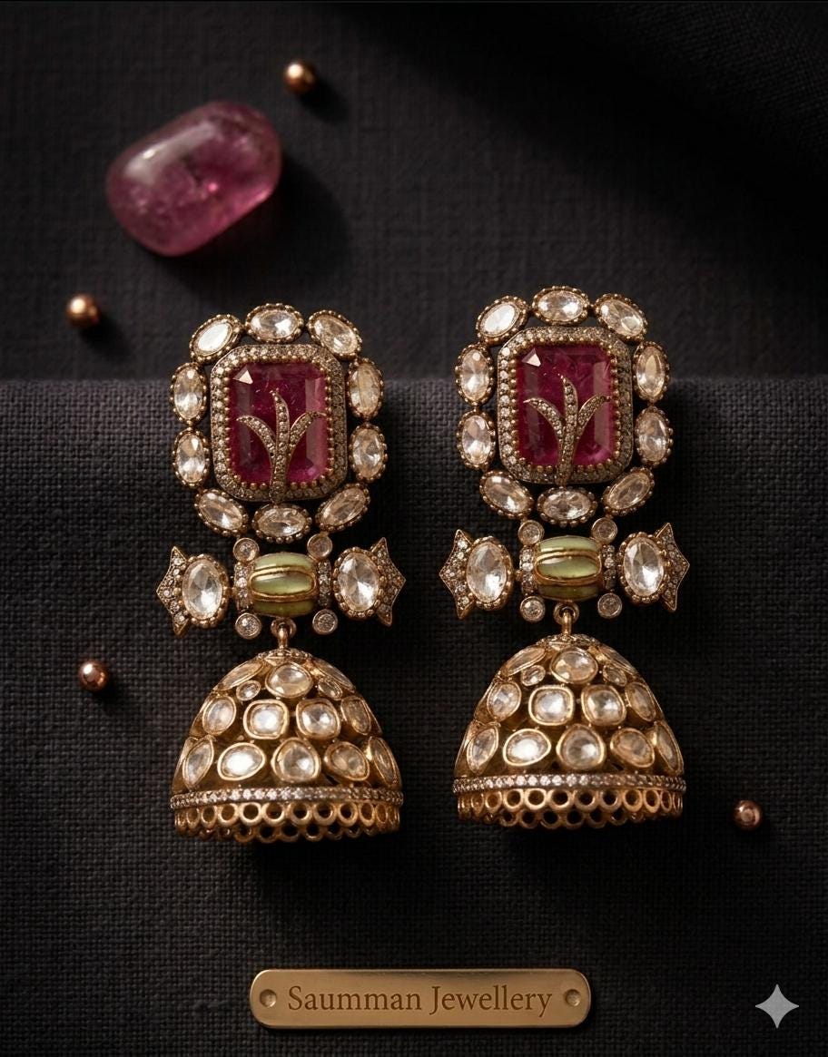 Moissanite Polki Jhumkas, Pink Emerald Stone Earrings, Kundan Meenakari Jewelry