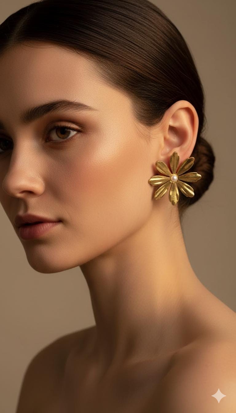 Gold Flower Daisy Stud Earrings, Anti-Tarnish Stainless Steel, Faux Pearl Center