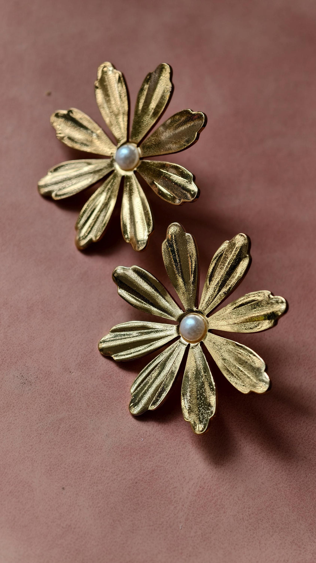 Gold Flower Daisy Stud Earrings, Anti-Tarnish Stainless Steel, Faux Pearl Center