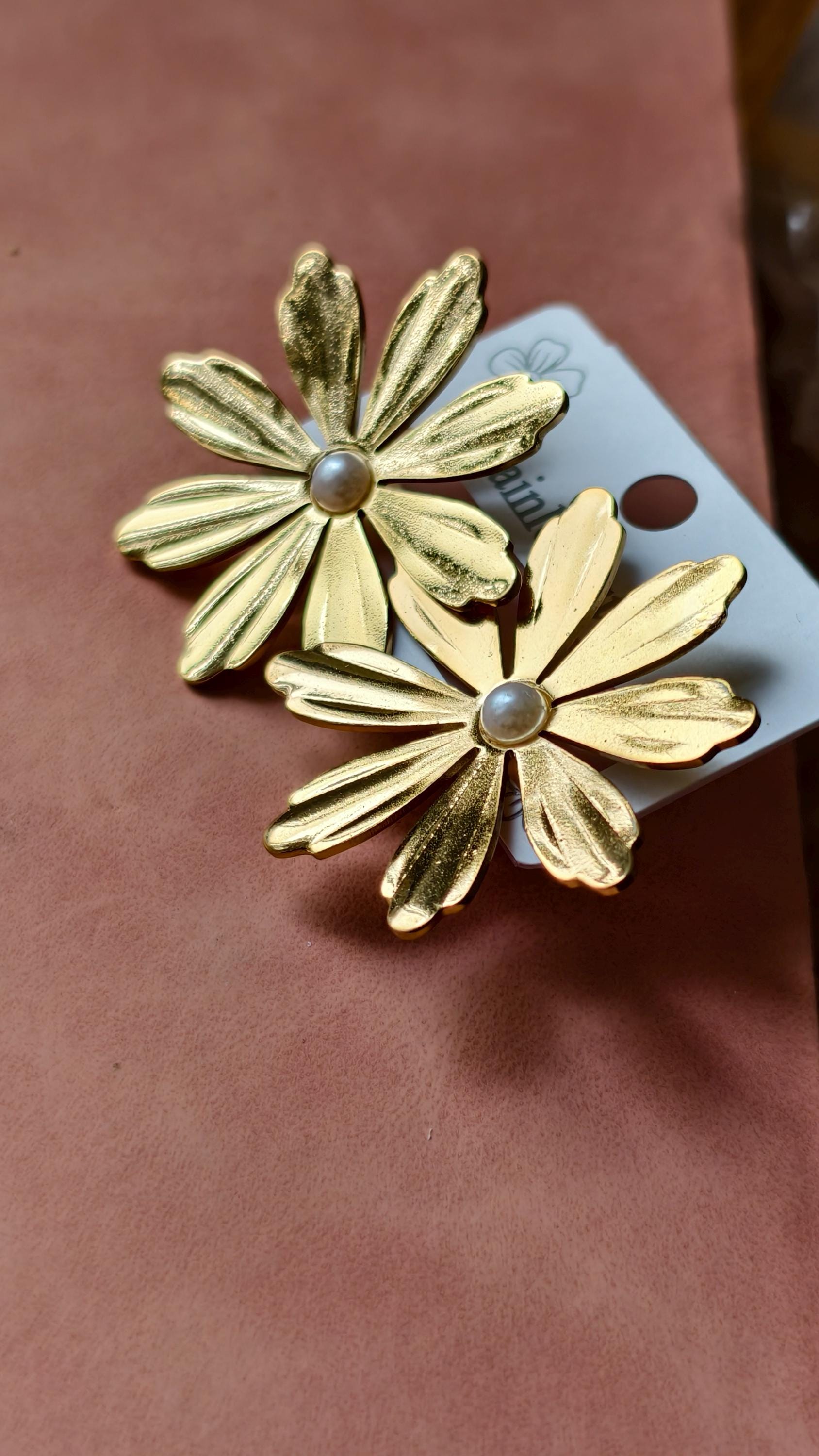 Gold Flower Daisy Stud Earrings, Anti-Tarnish Stainless Steel, Faux Pearl Center