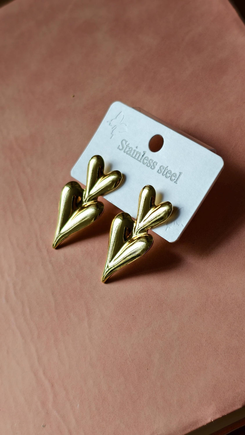 Gold Double Heart Dangle Earrings, Stainless Steel, Waterproof, Minimalist Daily Wear