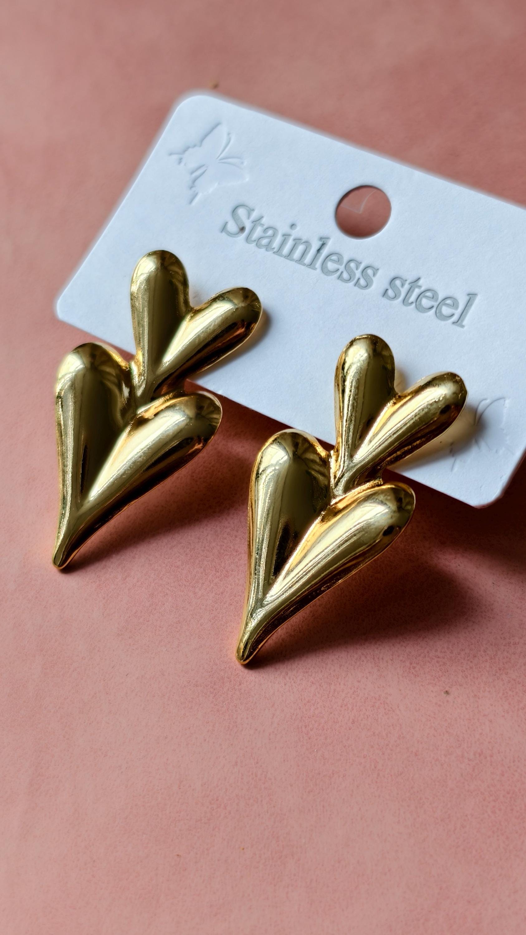 Gold Double Heart Dangle Earrings, Stainless Steel, Waterproof, Minimalist Daily Wear