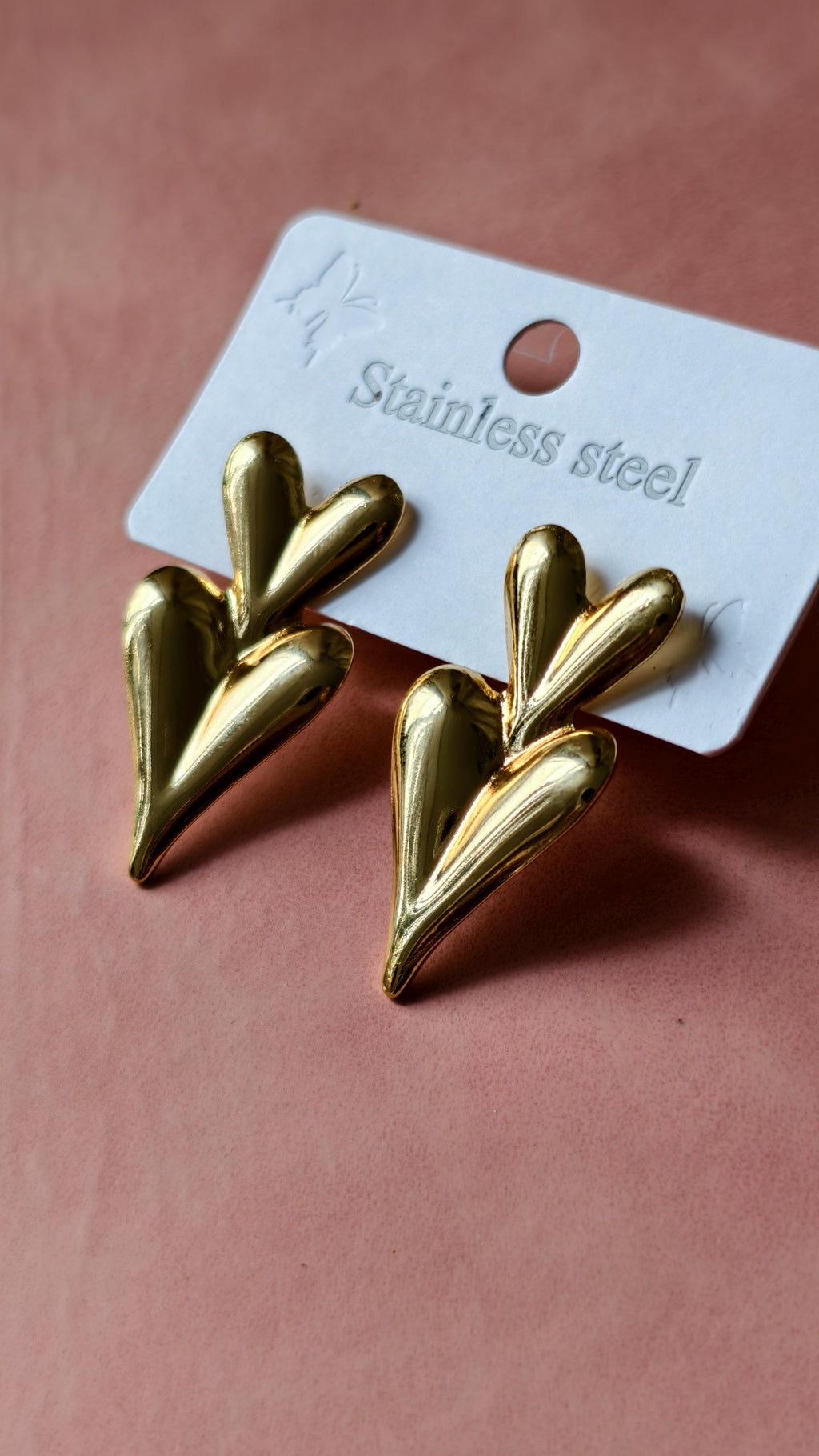 Gold Double Heart Dangle Earrings, Stainless Steel, Waterproof, Minimalist Daily Wear