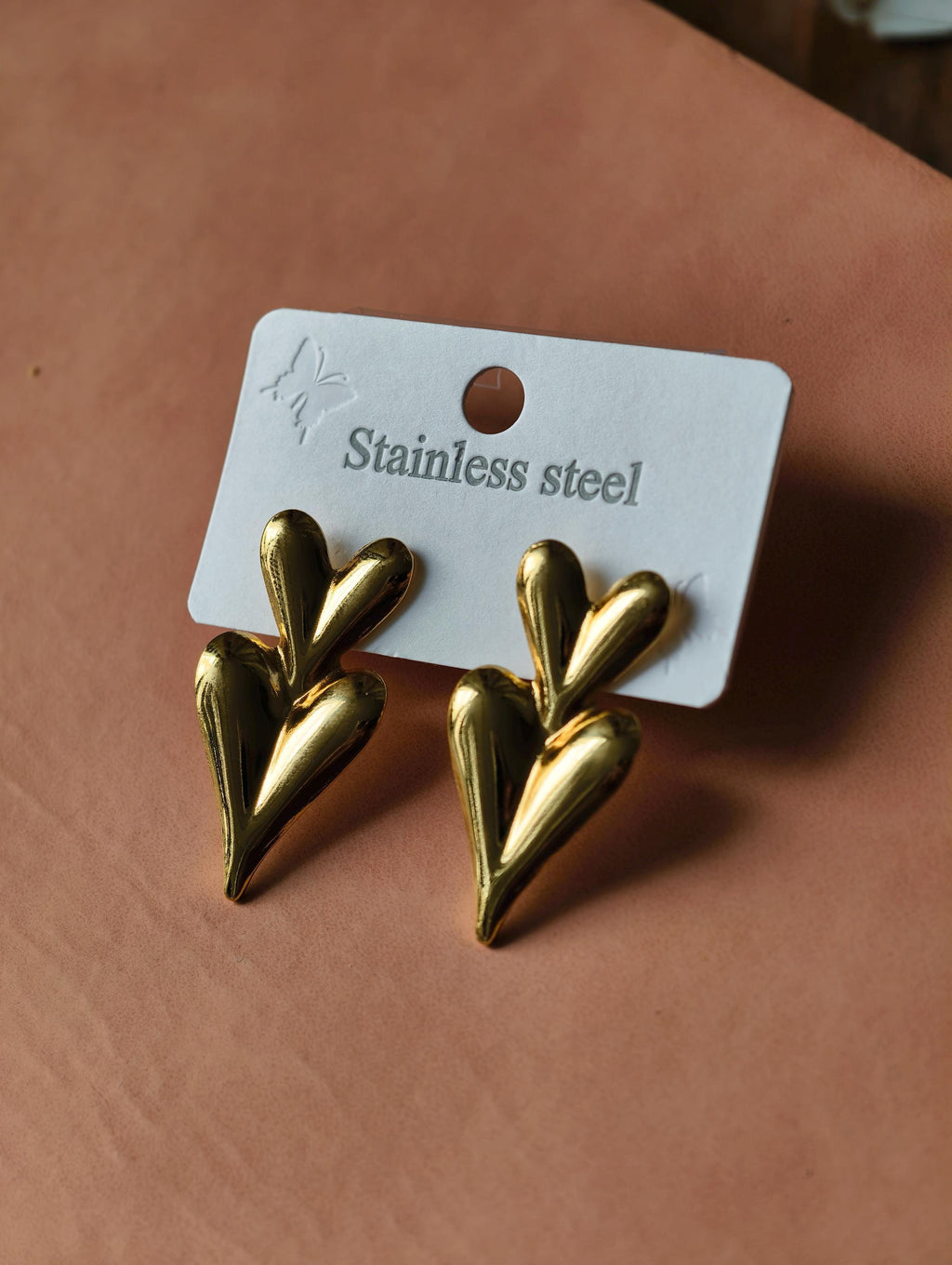 Gold Double Heart Dangle Earrings, Stainless Steel, Waterproof, Minimalist Daily Wear