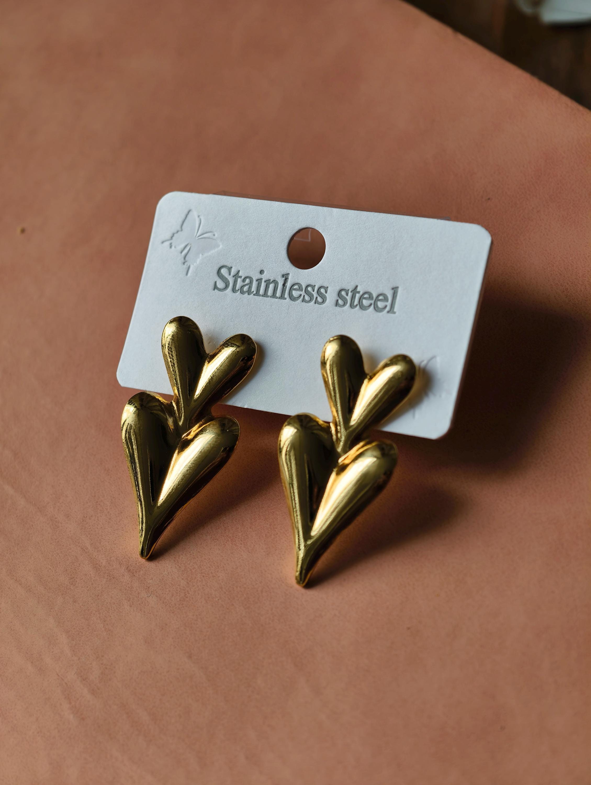 Gold Double Heart Dangle Earrings, Stainless Steel, Waterproof, Minimalist Daily Wear