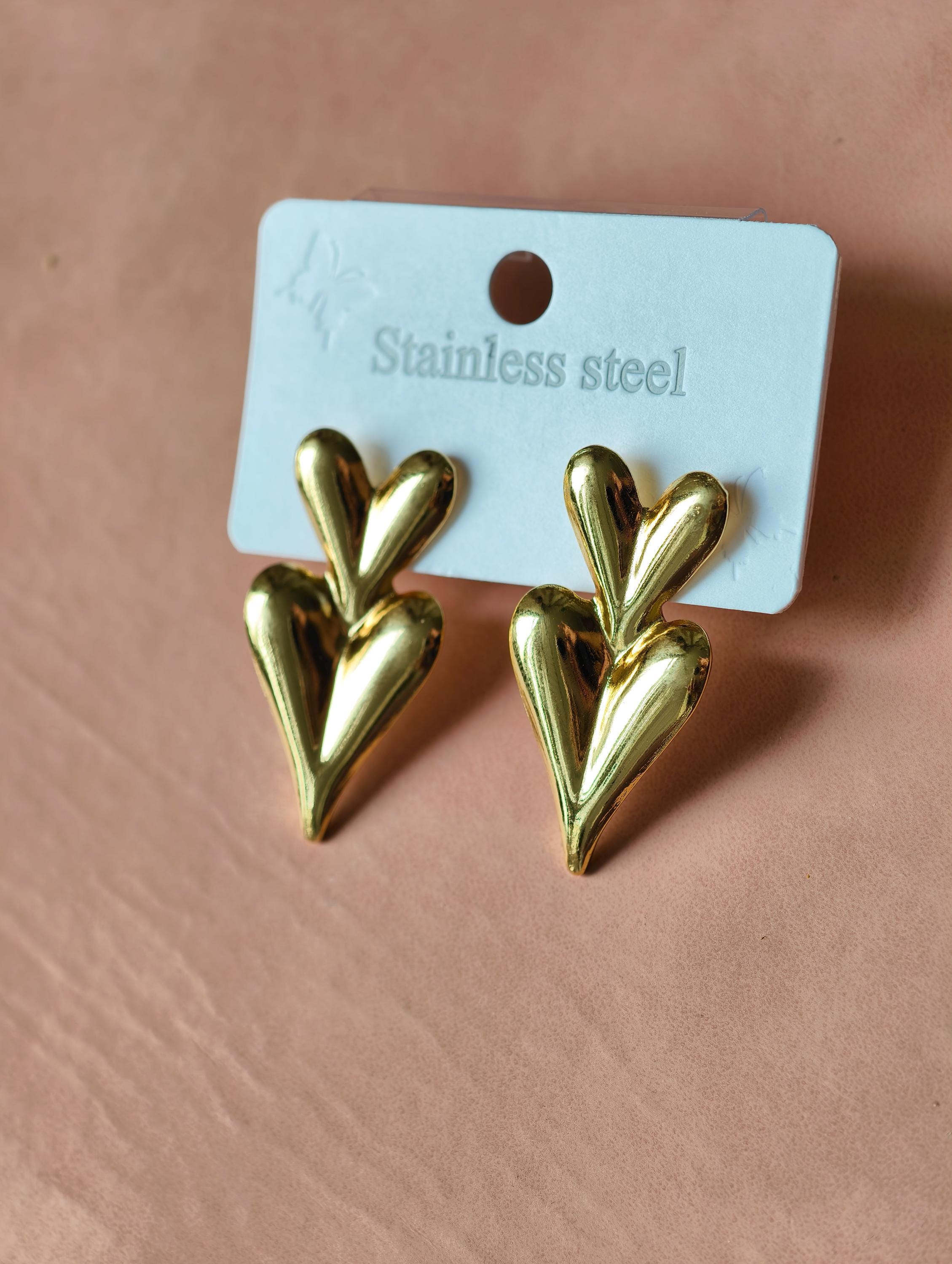 Gold Double Heart Dangle Earrings, Stainless Steel, Waterproof, Minimalist Daily Wear