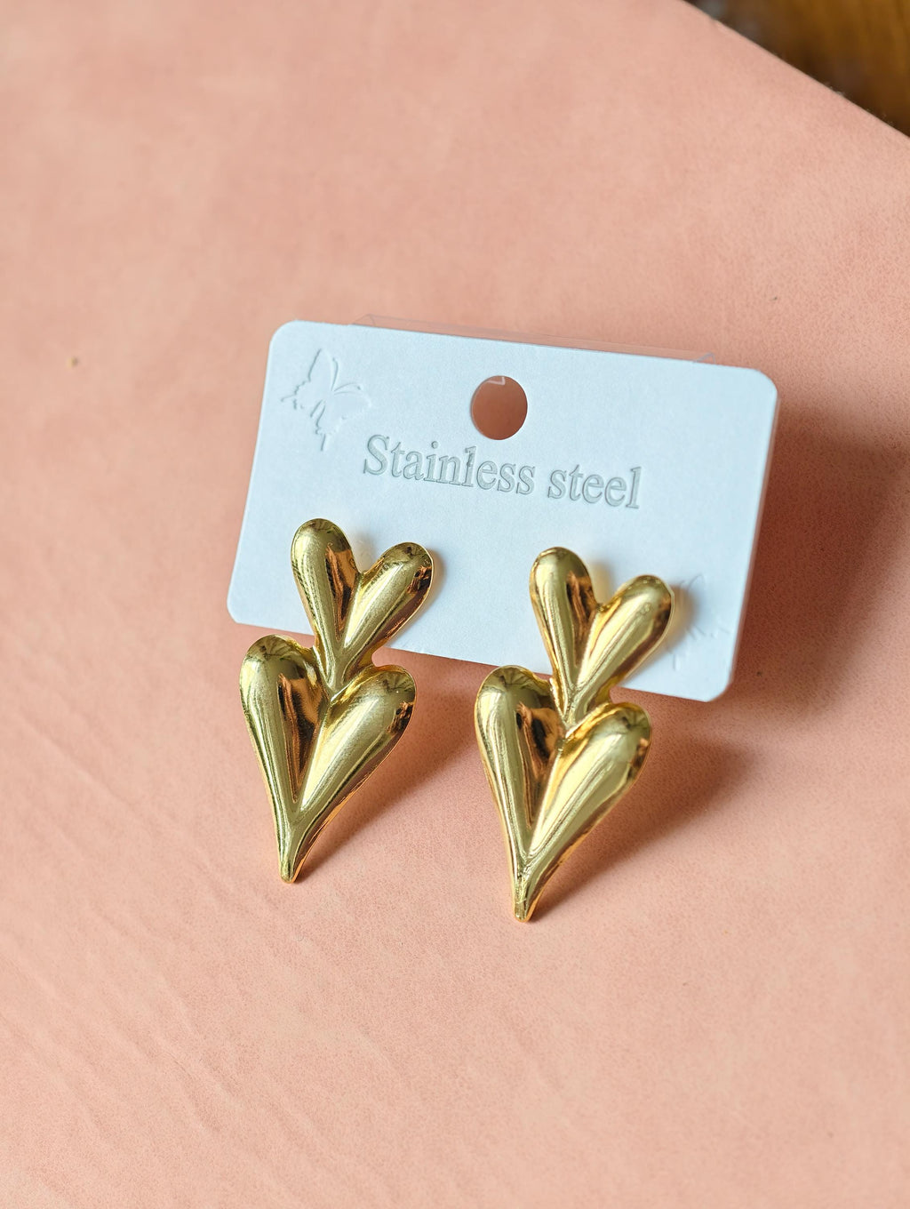 Gold Double Heart Dangle Earrings, Stainless Steel, Waterproof, Minimalist Daily Wear