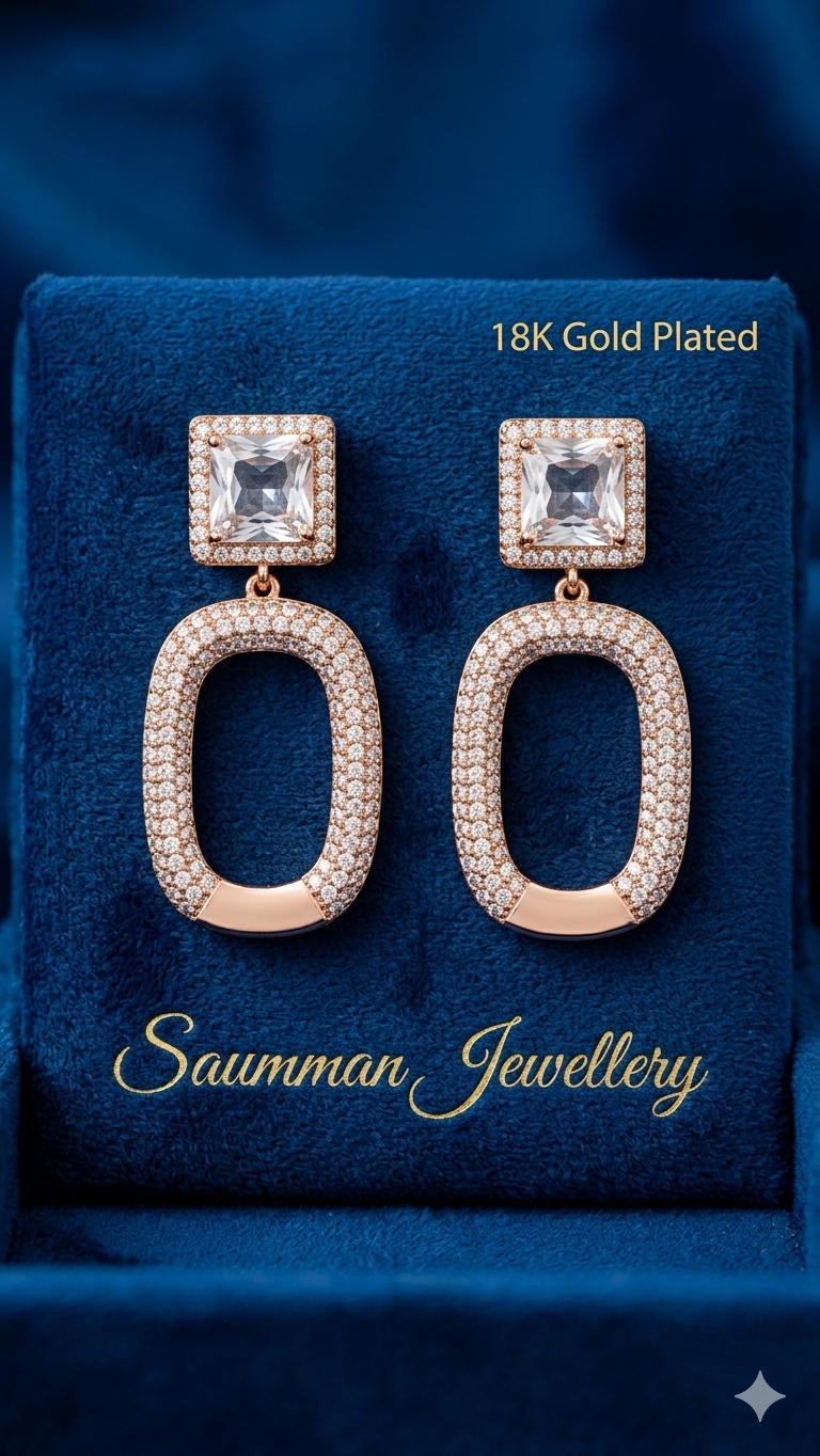 18k Gold Plated Oval Drop Earrings, Pavé Crystal Dangle, Square Zirconia Bridal Jewelry